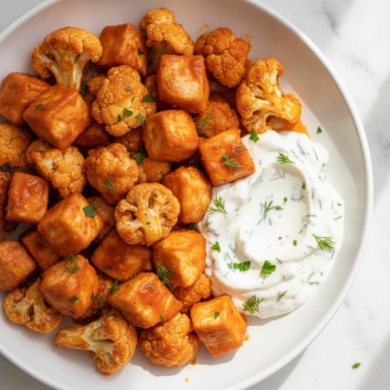 Buffalo Cauliflower and Chicken Bites with Greek Yogurt Ranch