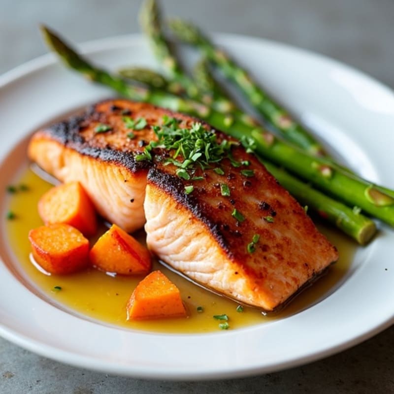 Seared Salmon with Roasted Sweet Potatoes and Asparagus