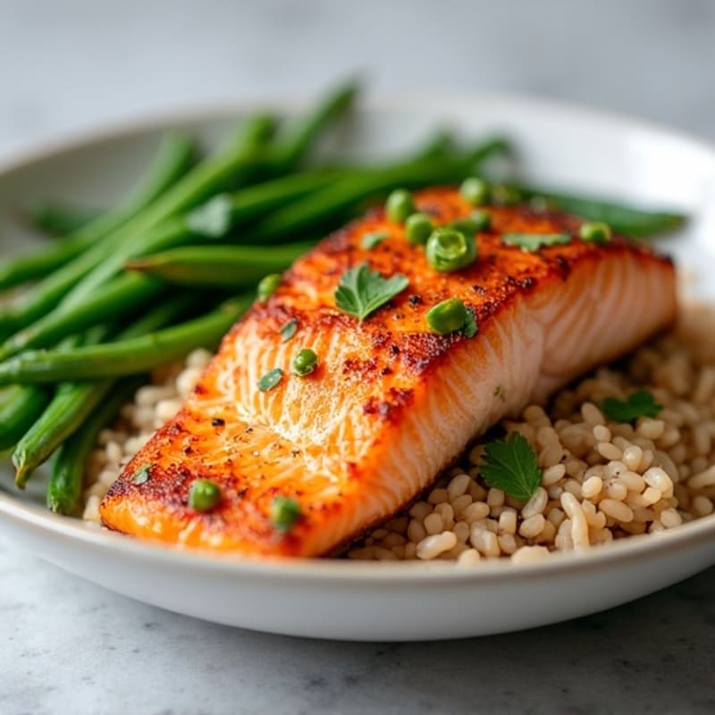 Seared Salmon with Steamed Green Beans and Brown Rice