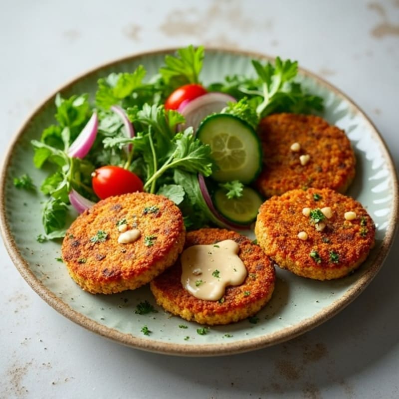 Crispy Baked Falafel with Creamy Lemon-Tahini Drizzle and Fresh Herb Salad