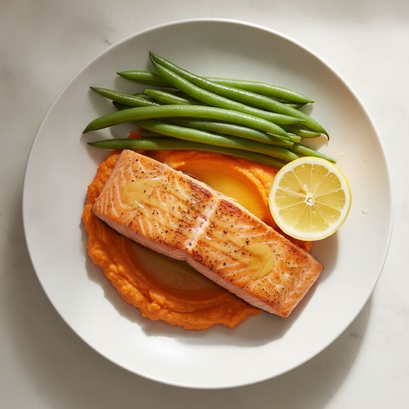 Seared Salmon Fillet with Steamed Green Beans and Sweet Potato Mash