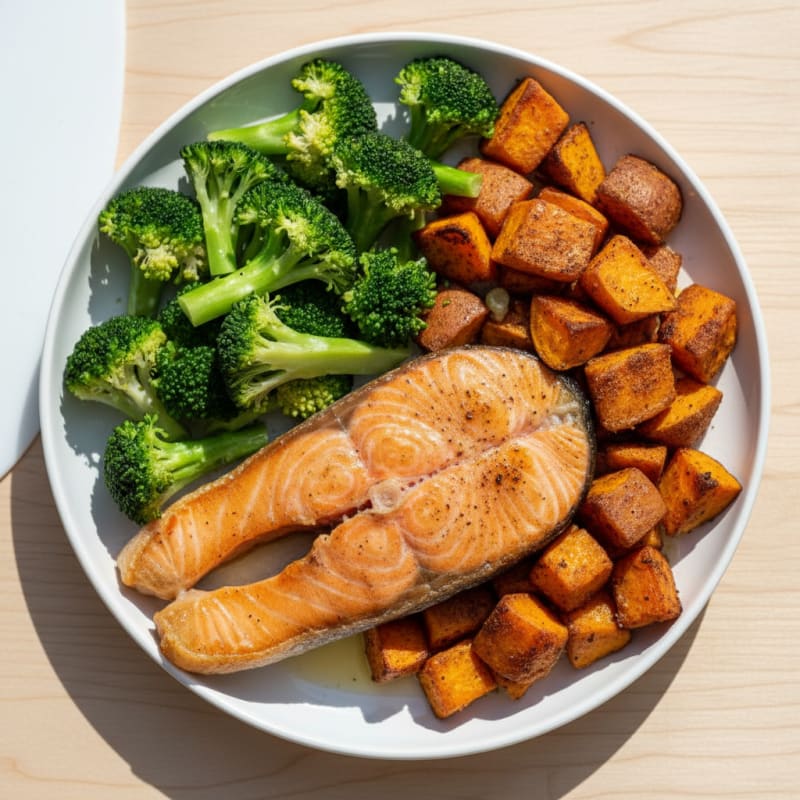 Seared Salmon Fillet with Roasted Sweet Potatoes and Steamed Broccoli