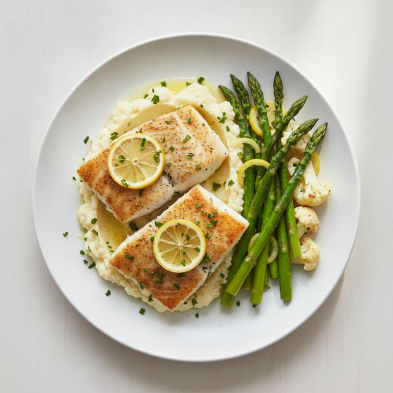 Herb-Baked Cod with Roasted Asparagus and Cauliflower Mash