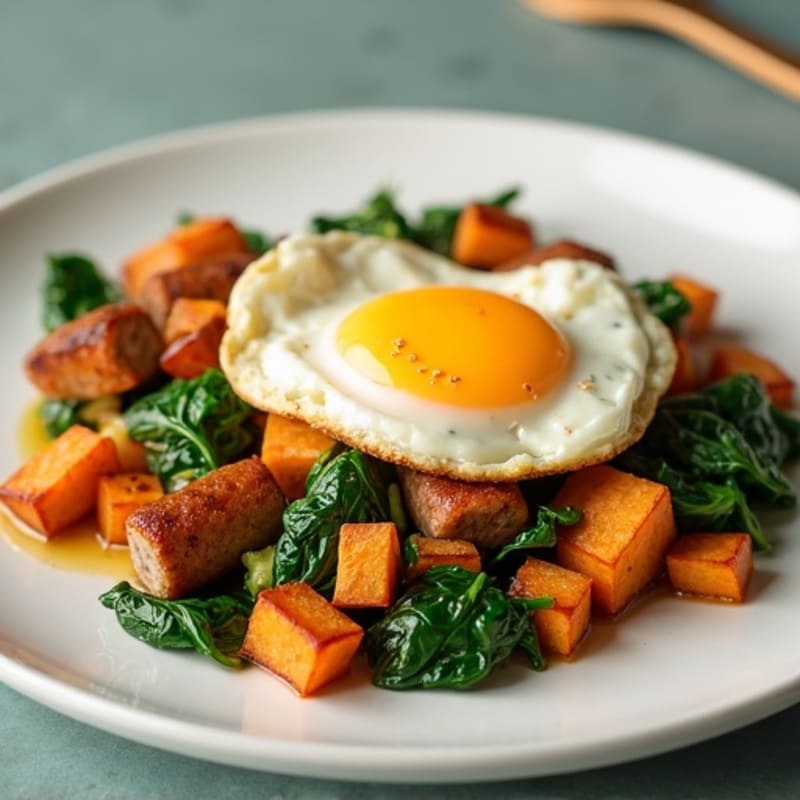 Egg White and Turkey Sausage Scramble with Spinach and Roasted Sweet Potato