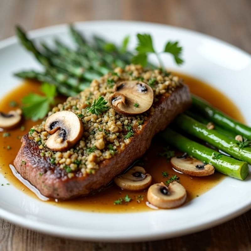 Mushroom-Herb Crusted Beef with Roasted Asparagus
