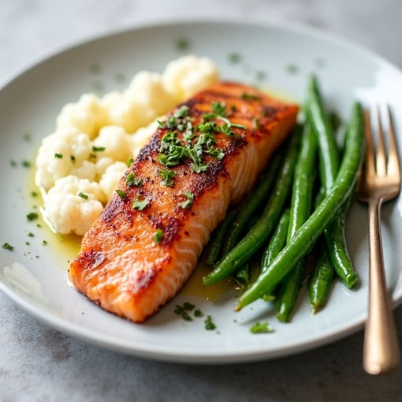 Seared Salmon with Garlic Green Beans and Cauliflower Mash