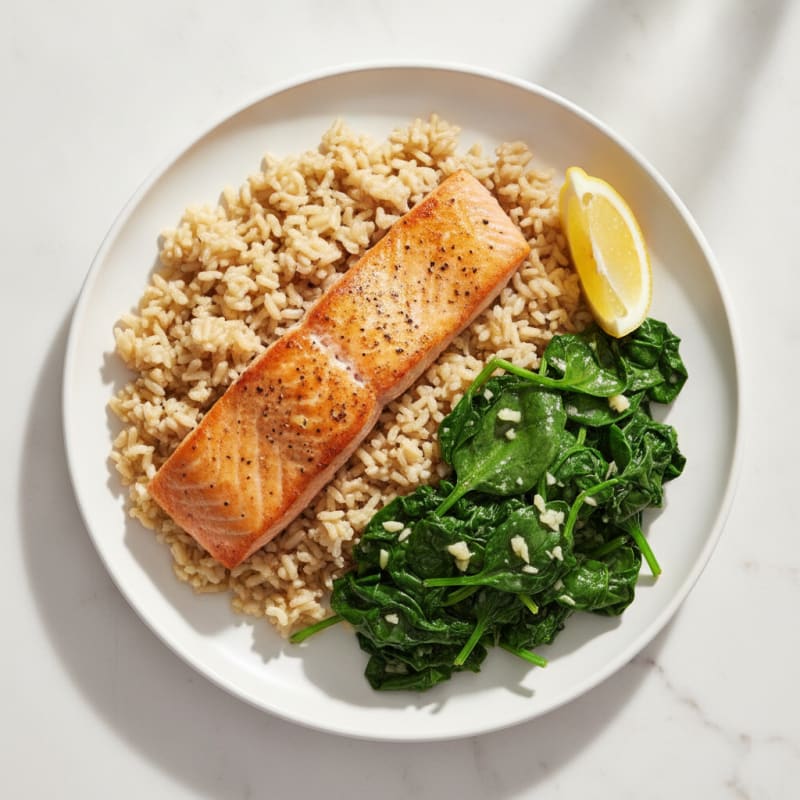 Seared Salmon with Garlic Spinach and Brown Rice