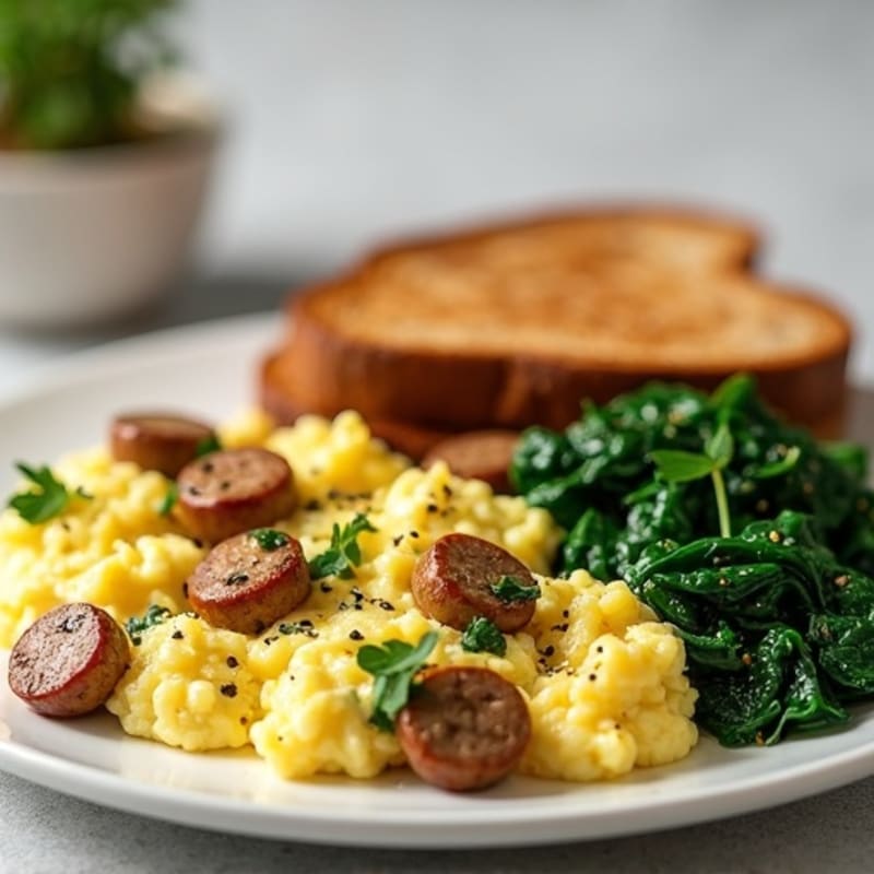 Egg White and Turkey Sausage Scramble with Sautéed Spinach