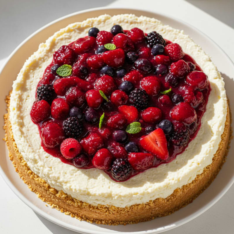 Greek Yogurt Protein Cheesecake with Mixed Berries