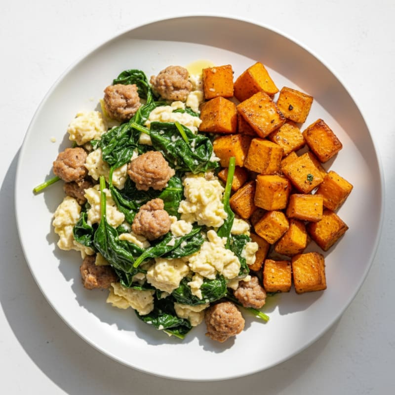 Egg White and Turkey Sausage Scramble with Spinach and Roasted Sweet Potato