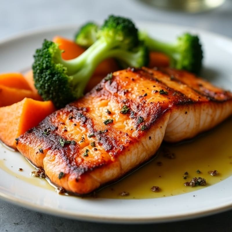 Crispy Pan-Seared Salmon with Roasted Broccoli and Sweet Potatoes