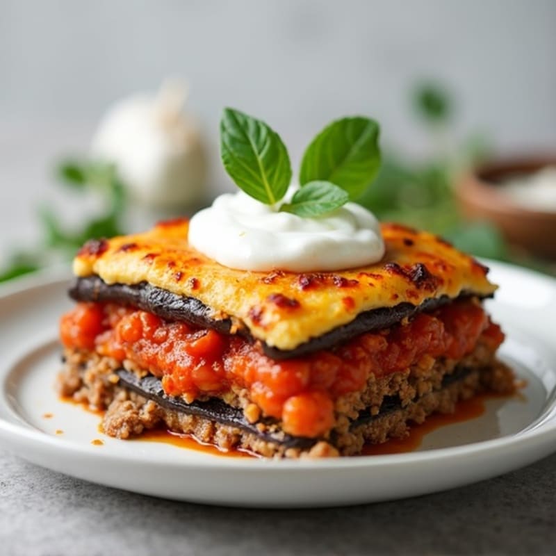 Healthy Layered Moussaka with Lean Lamb and Creamy Topping