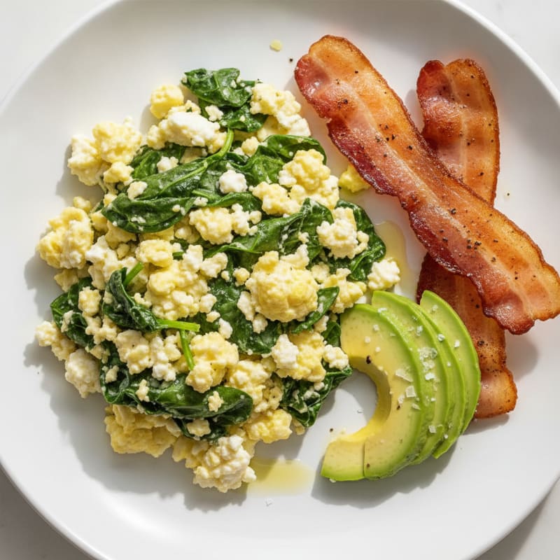Cottage Cheese Egg Scramble with Spinach and Turkey Bacon
