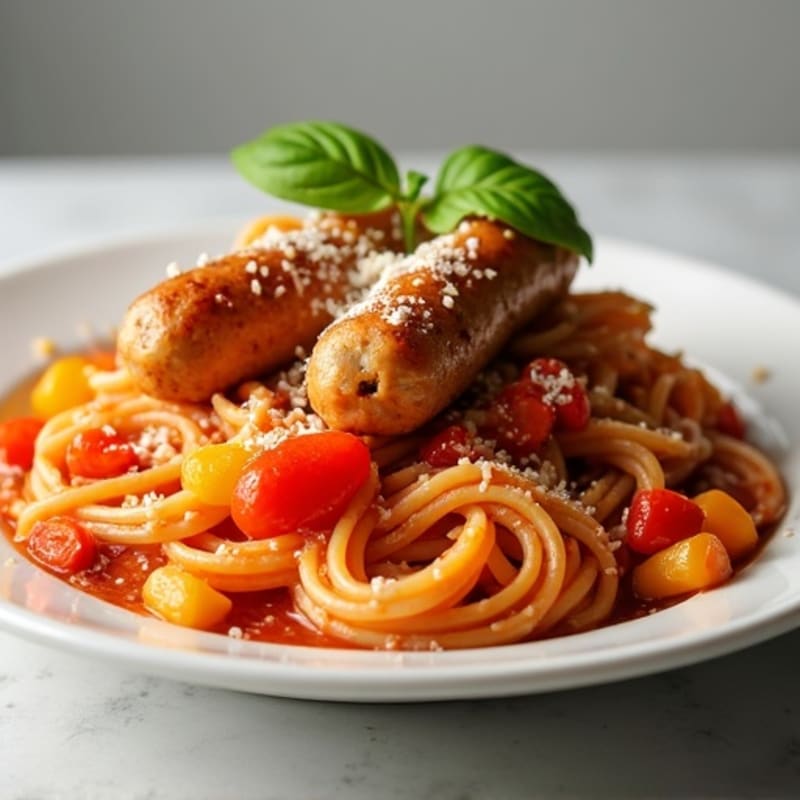 Crispy Chicken Sausage Pasta with Roasted Bell Peppers and Zesty Tomato Sauce