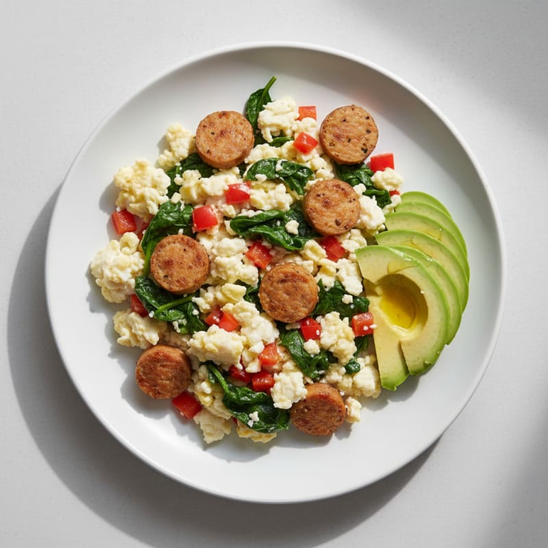 Egg White Scramble with Chicken Sausage and Spinach