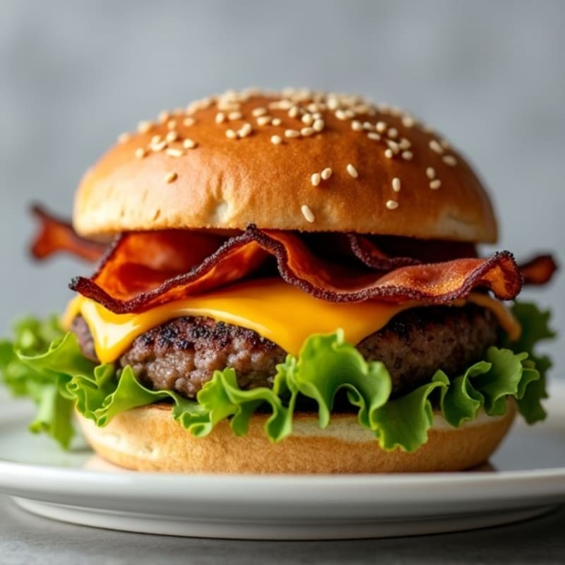 Grilled Lean Beef Burger with Crispy Bacon and Melted Cheddar