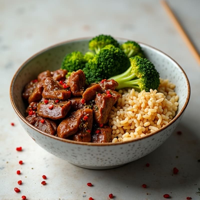 Lean Garlic Ginger Beef and Crispy Broccoli Rice Bowl
