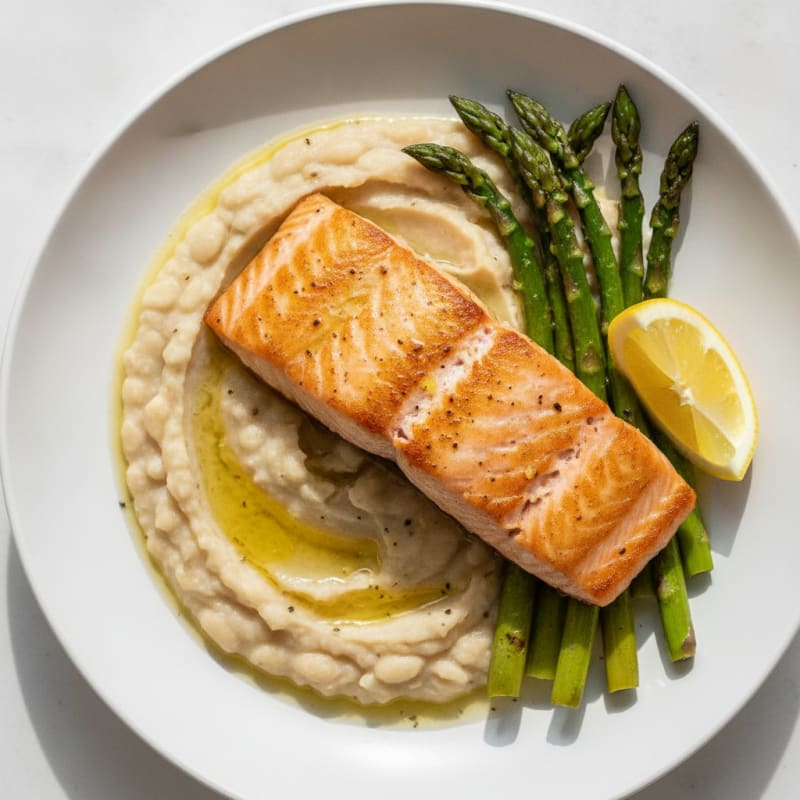 Seared Salmon with Creamy White Bean Mash and Charred Asparagus