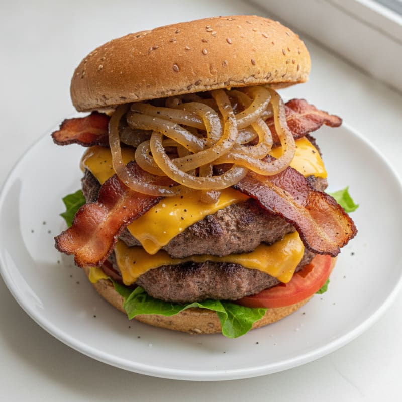 Double Bacon Cheeseburger with Caramelized Onions
