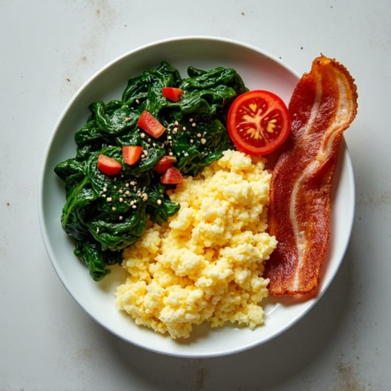 Protein-Packed Scrambled Eggs with Sautéed Greens and Crispy Turkey Bacon