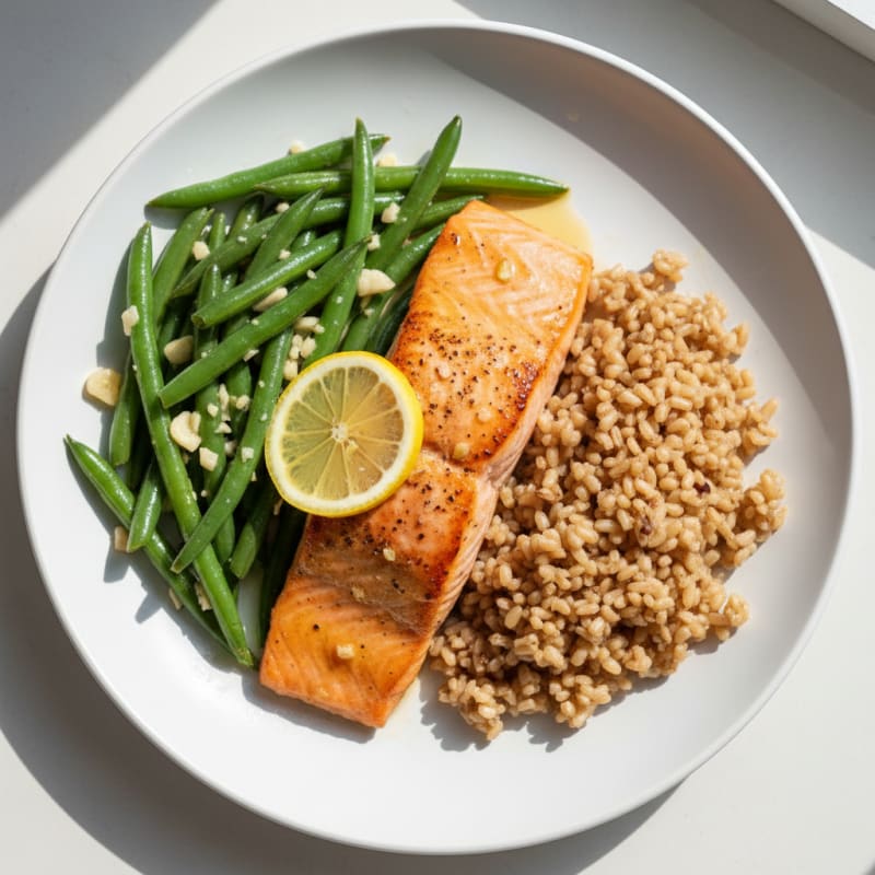 Seared Salmon Fillet with Garlic Green Beans and Brown Rice