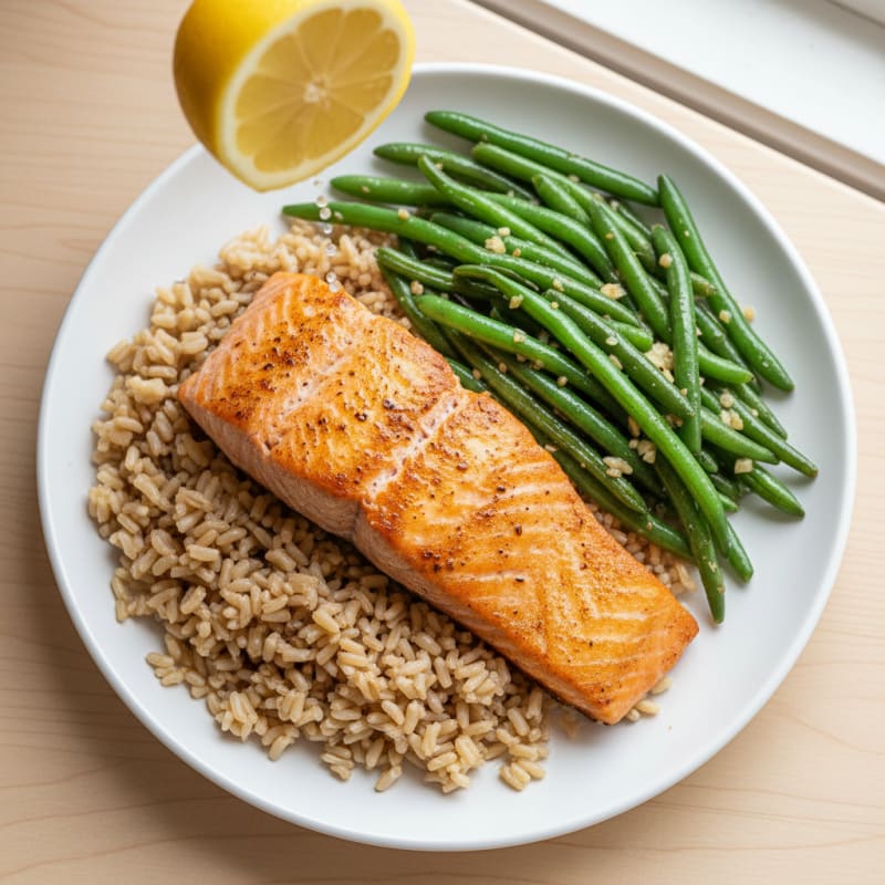 Seared Salmon with Garlic Green Beans and Brown Rice