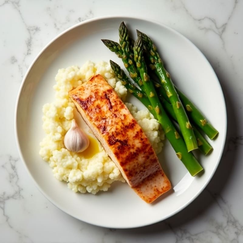 Seared Salmon with Steamed Asparagus and Garlic Cauliflower Mash