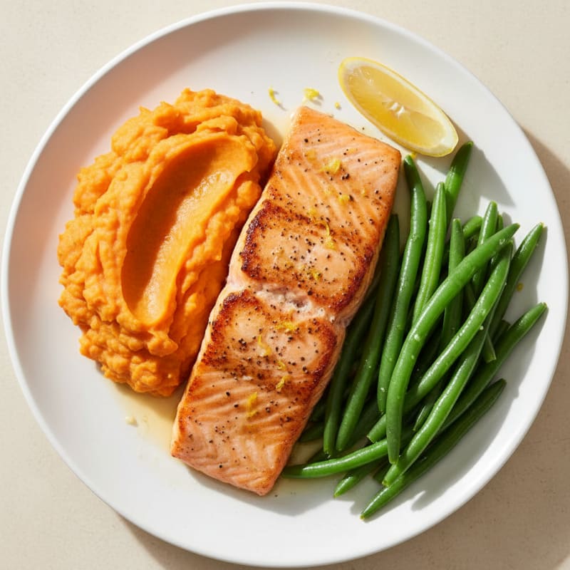 Seared Salmon Fillet with Steamed Green Beans and Sweet Potato Mash