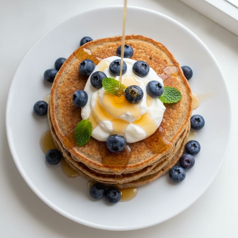 Buckwheat Protein Pancakes with Greek Yogurt and Berries