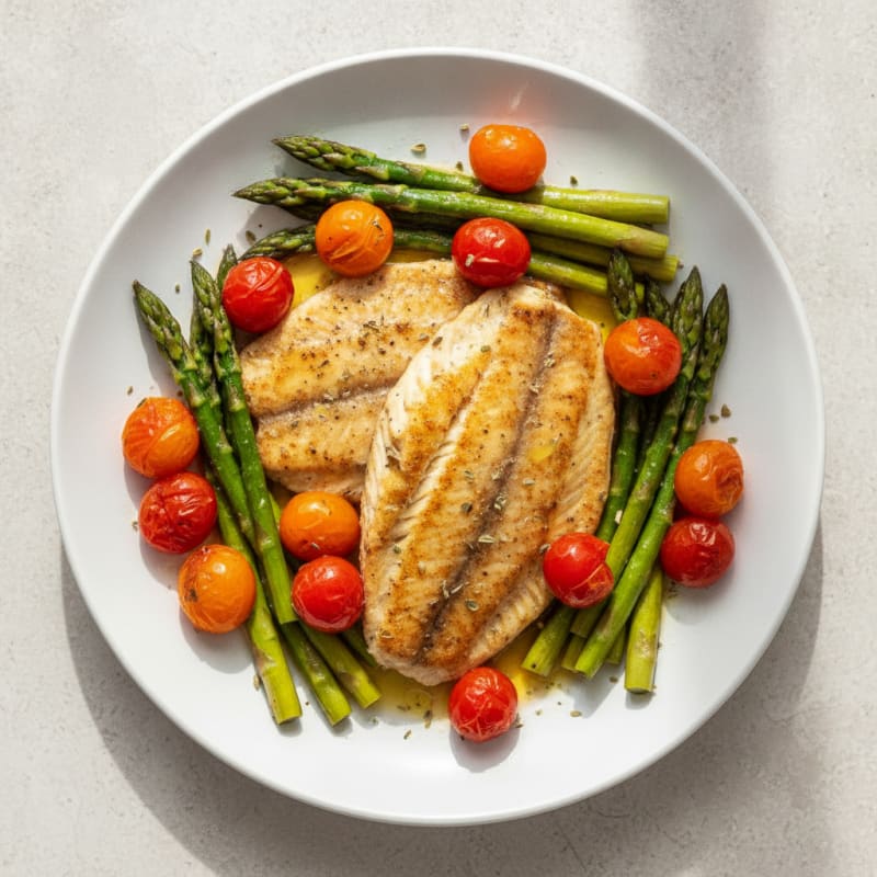 Seared Tilapia with Roasted Asparagus and Tomato