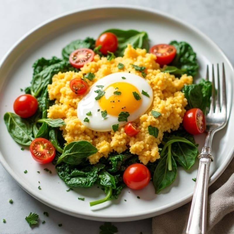 Cottage Cheese and Egg White Scramble with Sautéed Spinach and Cherry Tomatoes