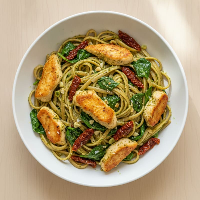 Pesto Chicken Linguine with Sun-Dried Tomatoes