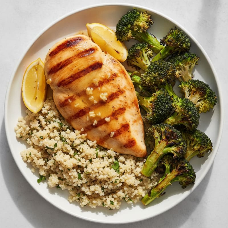 Grilled Lemon Garlic Chicken Breast with Quinoa and Roasted Broccoli