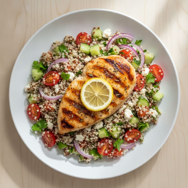Grilled Chicken Breast with Tomato Cucumber Quinoa Salad