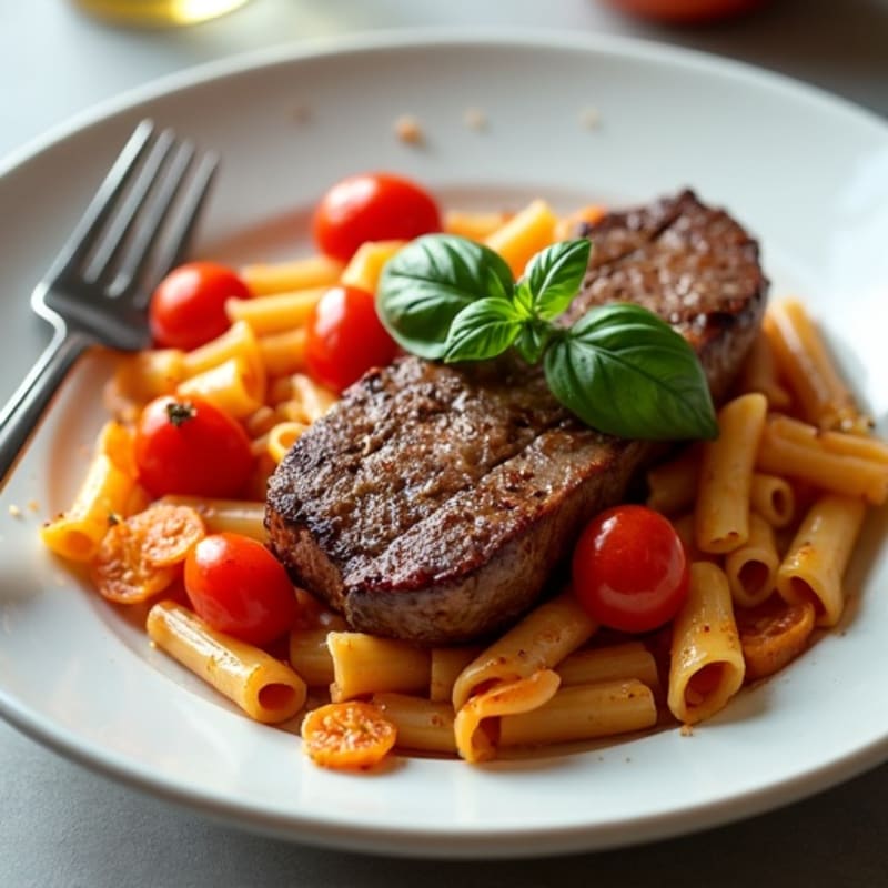 Lean Steak with Whole Wheat Rigatoni and Fresh Tomato Basil Sauce