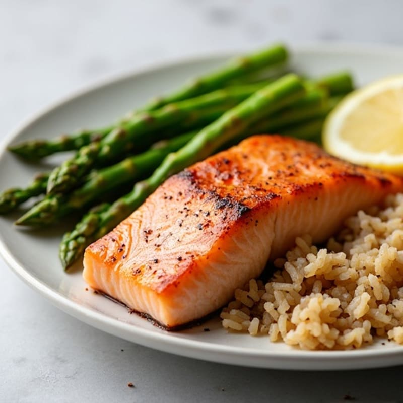 Seared Salmon with Steamed Asparagus and Brown Rice