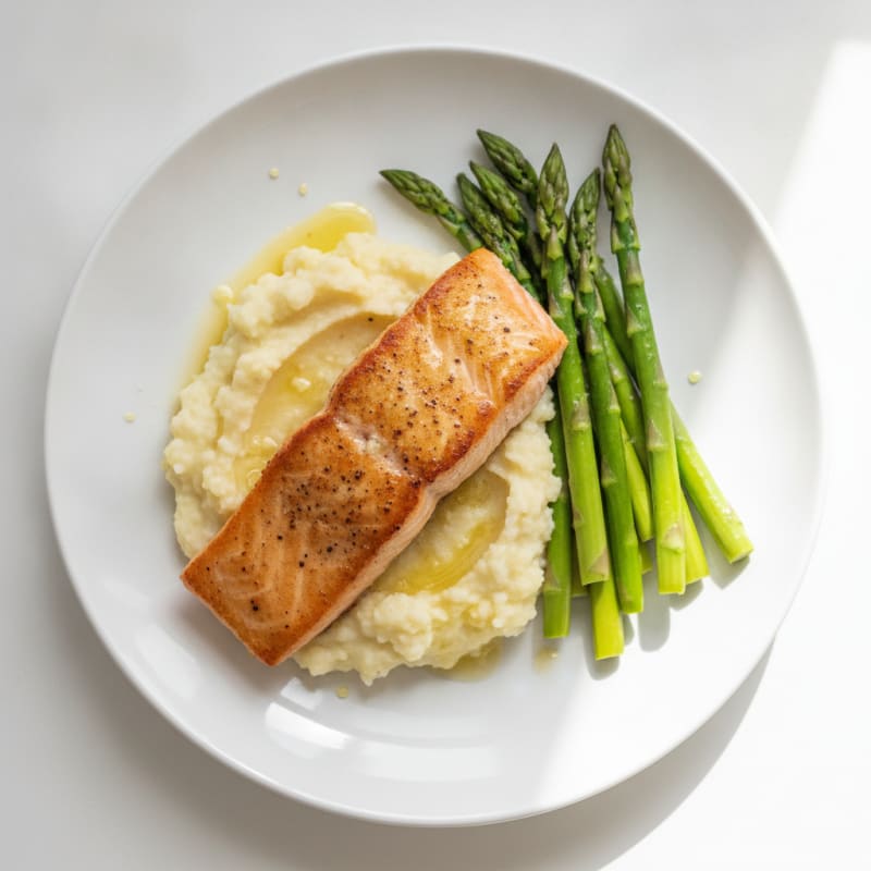 Seared Salmon with Steamed Asparagus and Cauliflower Mash