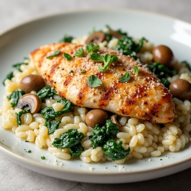 Creamy Mushroom and Spinach Risotto with Grilled Chicken