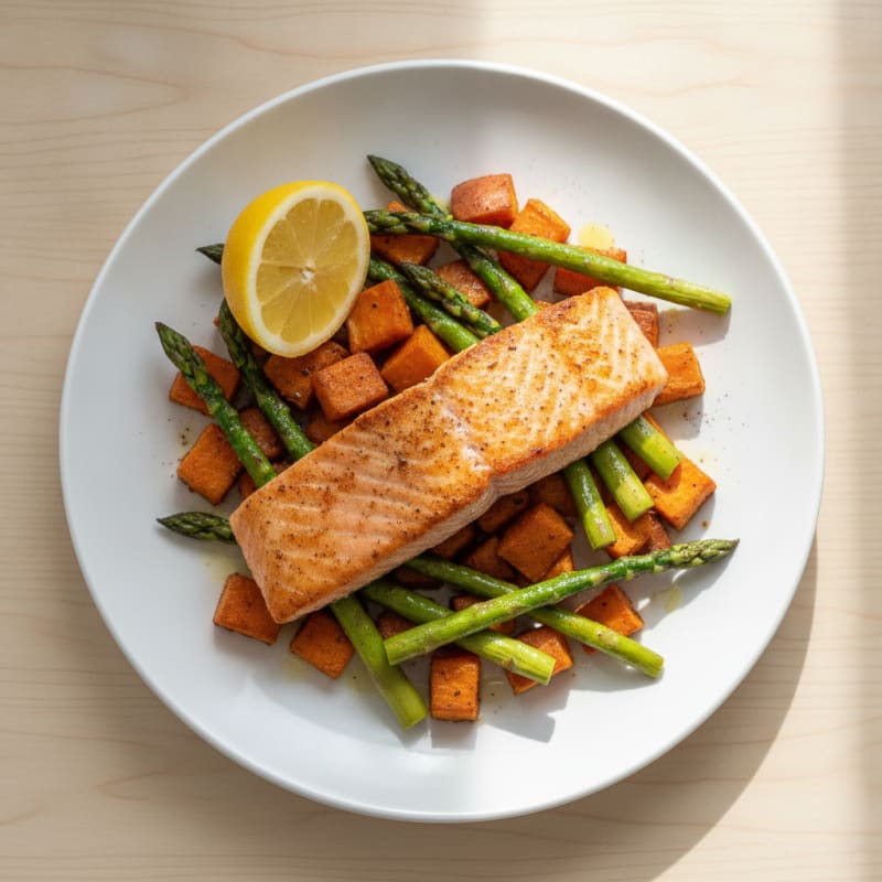 Seared Salmon Fillet with Roasted Sweet Potato and Asparagus