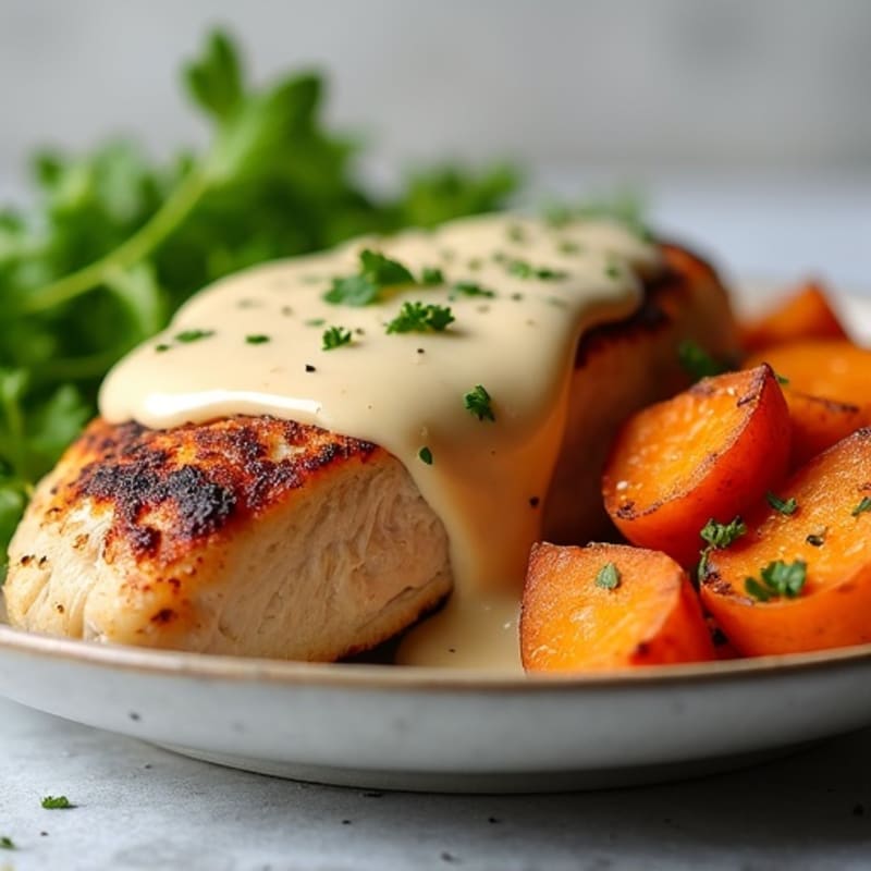 Creamy Tahini Chicken with Roasted Sweet Potatoes