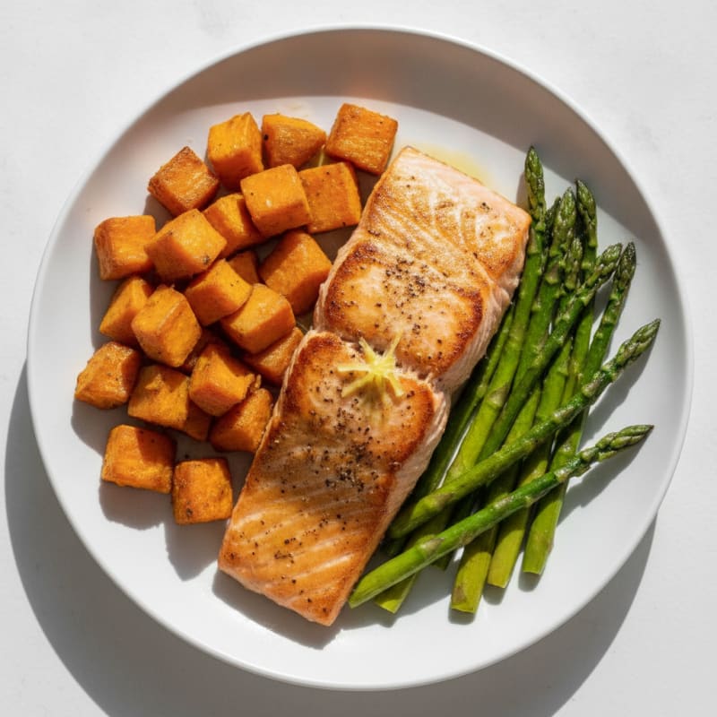Seared Salmon with Roasted Sweet Potatoes and Asparagus