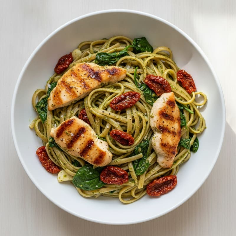 Pesto Chicken Linguine with Sun-Dried Tomatoes