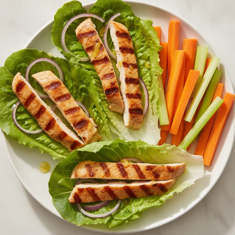 Grilled Chicken Lettuce Wraps with Raw Carrots and Celery