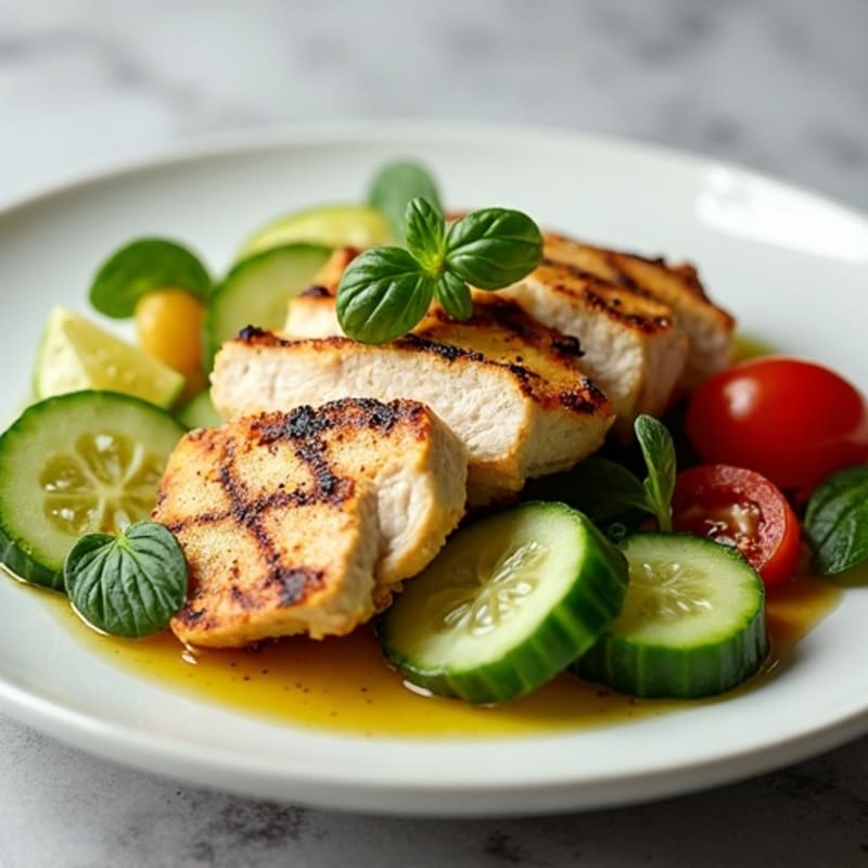 Grilled Chicken Breast Salad with Cucumber and Tomato