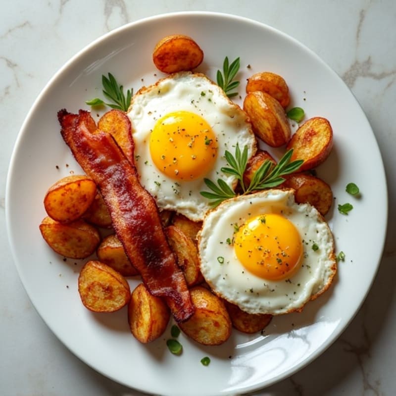 Crispy Roasted Potatoes with Baked Eggs and Lean Bacon