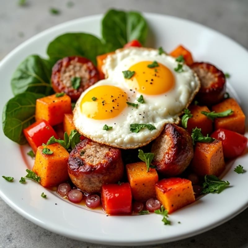 Crispy Sweet Potato and Turkey Sausage Hash with Baked Eggs
