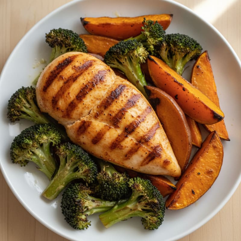 Grilled Chicken Breast with Roasted Broccoli and Sweet Potato