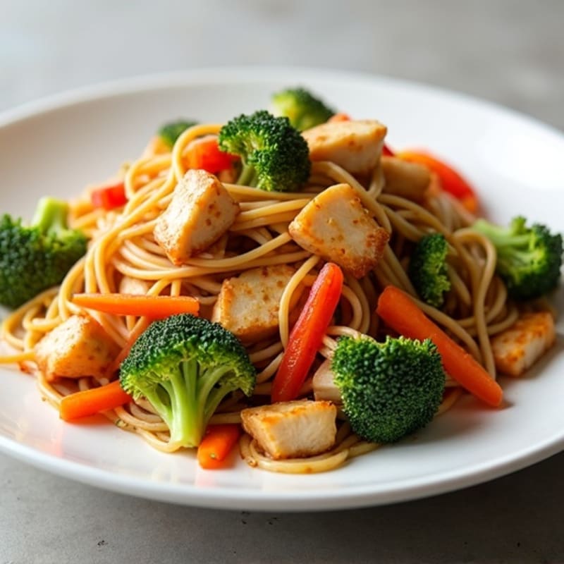 Garlic-Ginger Chicken and Crispy Vegetable Noodle Stir-Fry