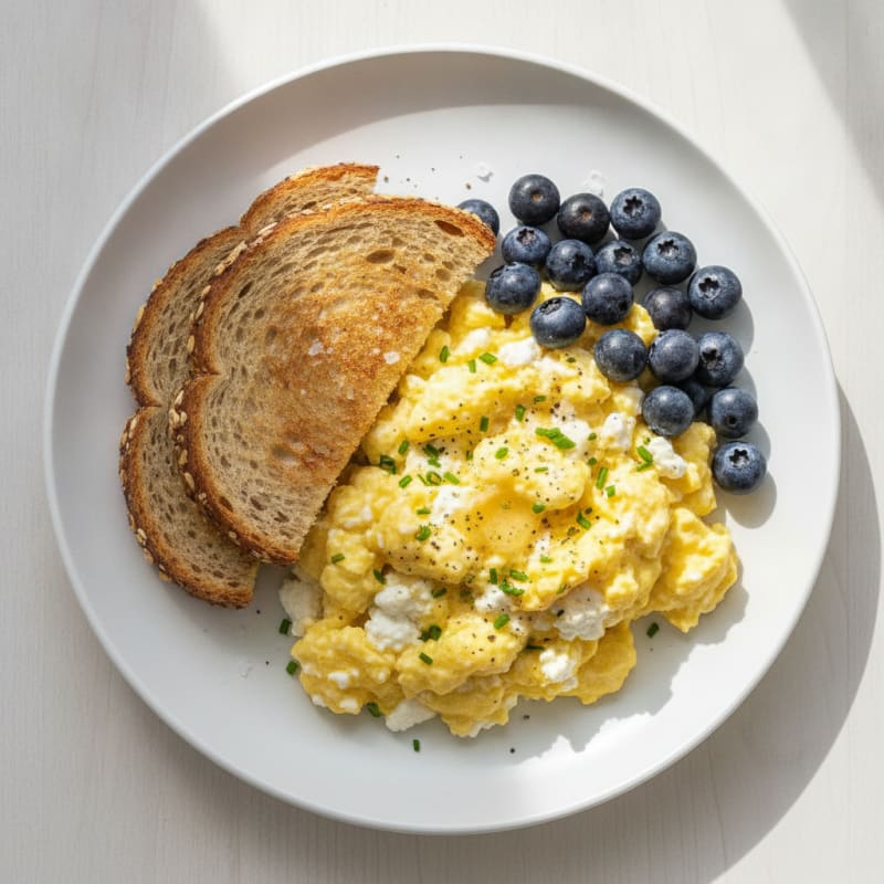 High-Protein Cottage Cheese Scramble with Berries and Toast