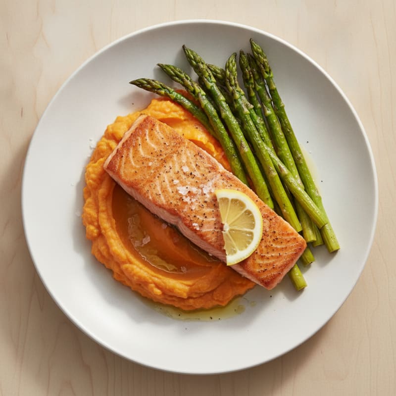 Seared Salmon with Roasted Asparagus and Sweet Potato Mash